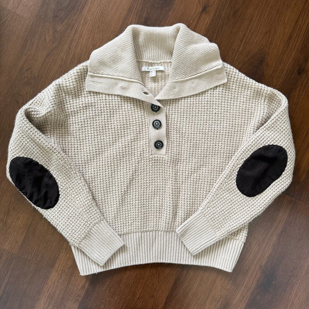 Barbour Woodside Knitted Jumper Wool Sweater Chunky Waffle Tan Sz 6 Neutral